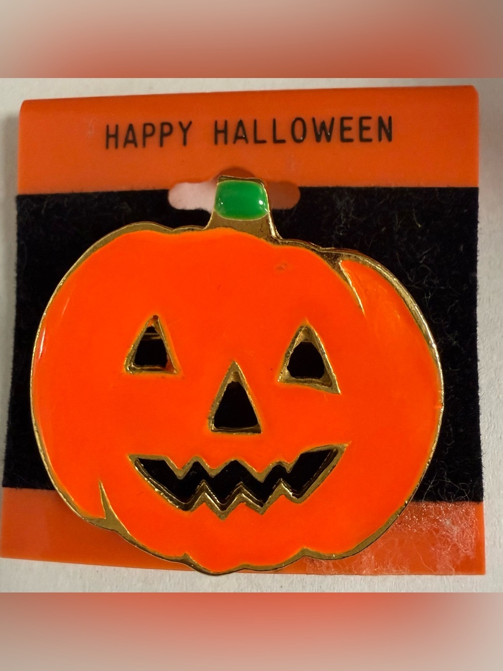 Orange Enamel Jack-O'-Lantern Halloween Brooch Pin